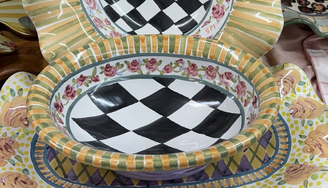 Mackenzie Childs Odd Fellows Footed Oval Serving Dish Ceramic 2010 Retired