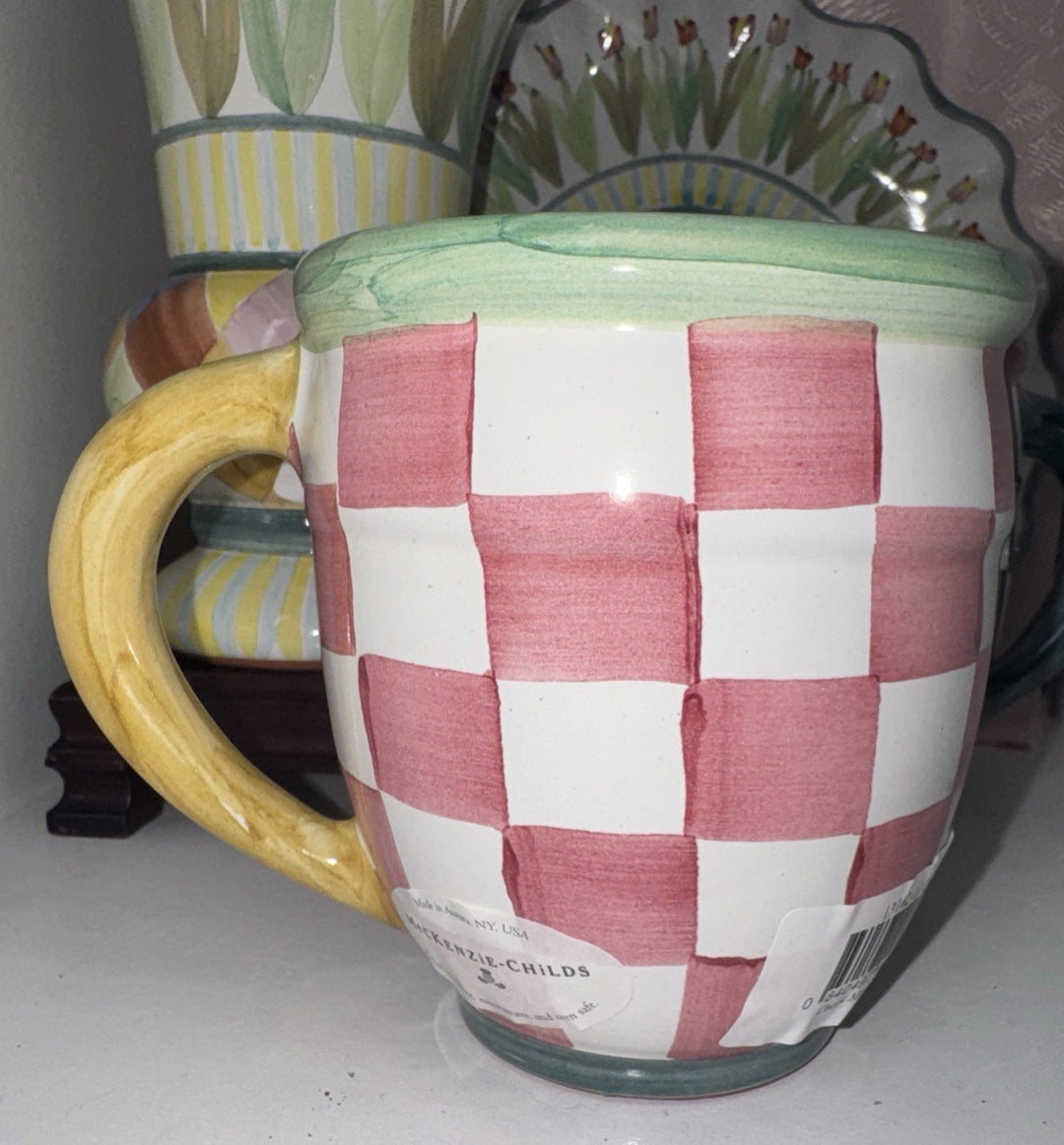 Mackenzie Childs Check Mate  Mug Pink Rosy Check Hand Painted Majolica NWT