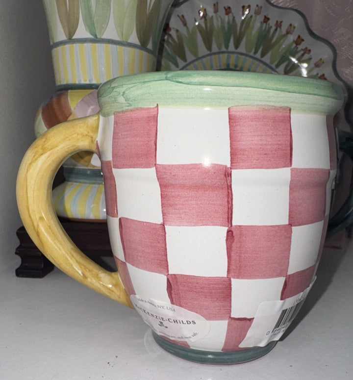 Mackenzie Childs Check Mate  Mug Pink Rosy Check Hand Painted Majolica NWT