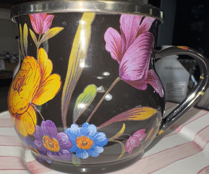 Mackenzie Childs On Black  Flower Market enamel Coffee cup mug Floral One New