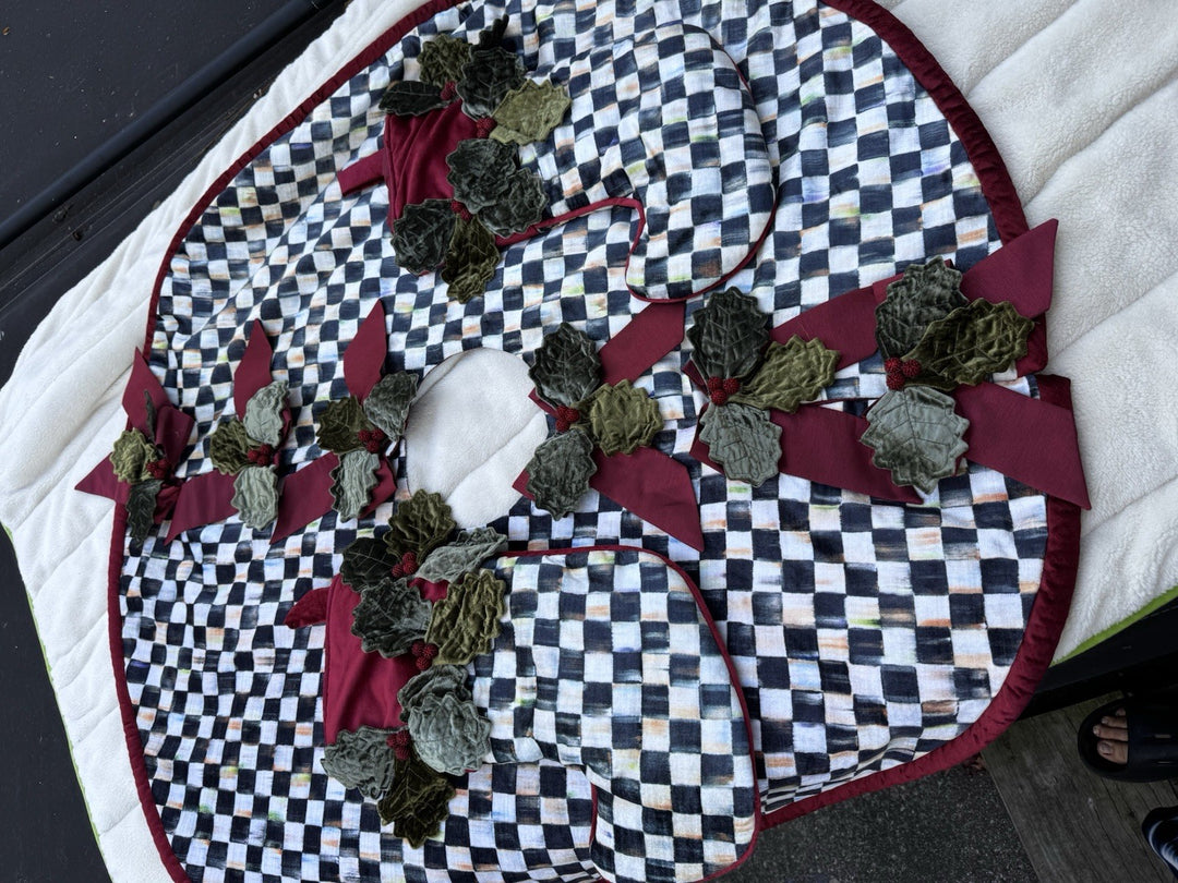 MacKENZIE CHILDS HOLIDAY   VELVET Holly And Beaded Courtly Check TREE SKIRT 46”