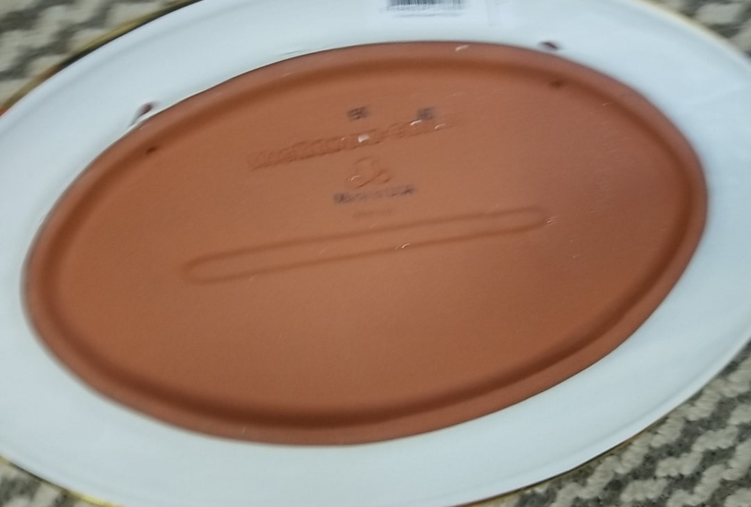 MacKenzie Childs Retired Plum Check Football 14”  Platter  Gold Trim NEW