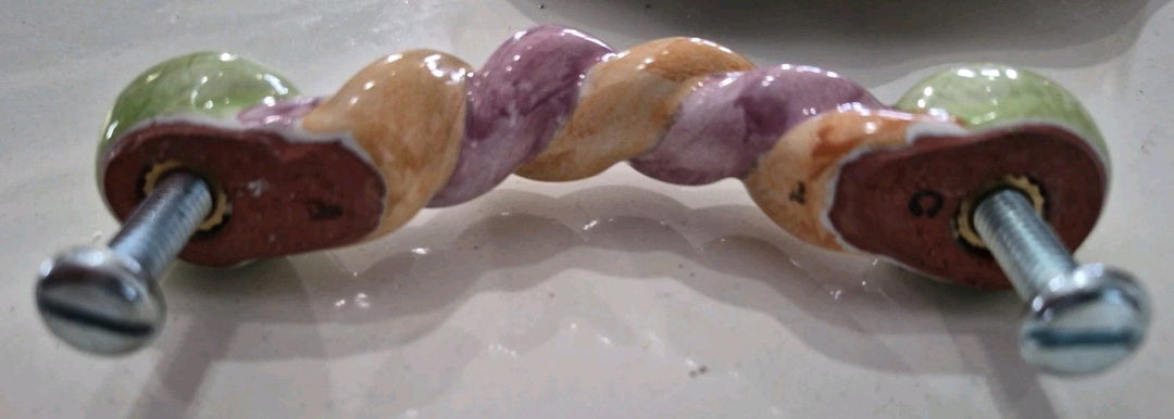 Mackenzie Childs  4.75 Twist Ceramic Handle Pull Knob Pink Orange Green