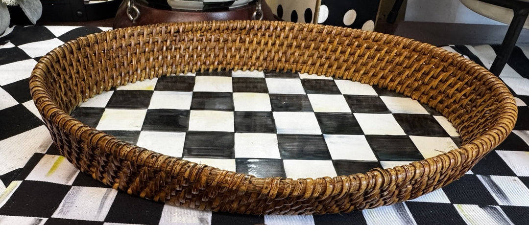 Mackenzie Childs Courtly Check Enamel Rattan Small Serving Tray 11"c8”