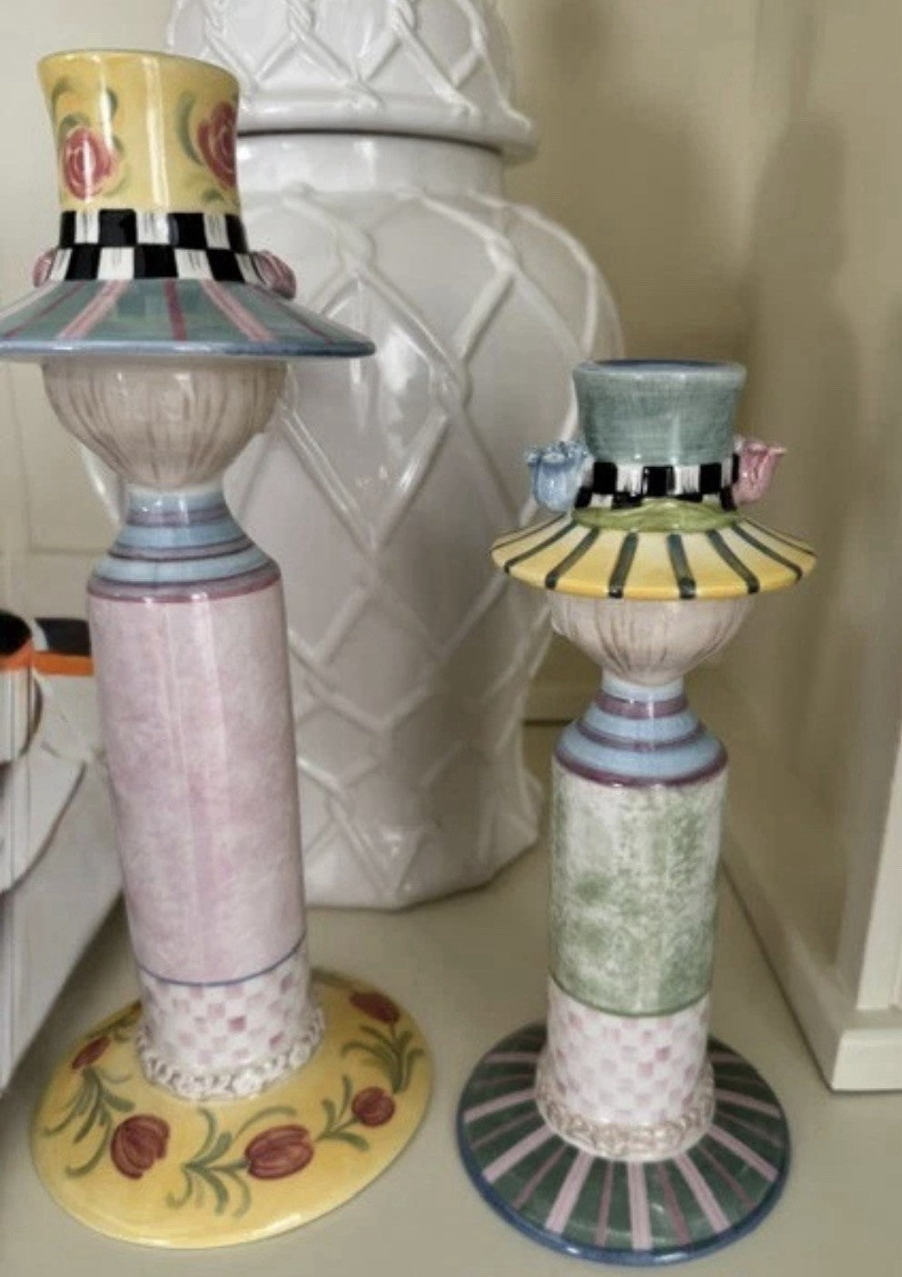 SET OF 2 MACKENZIE CHILDS ROSY MEADOW LADY CANDLEHOLDERS "NEW" Retired