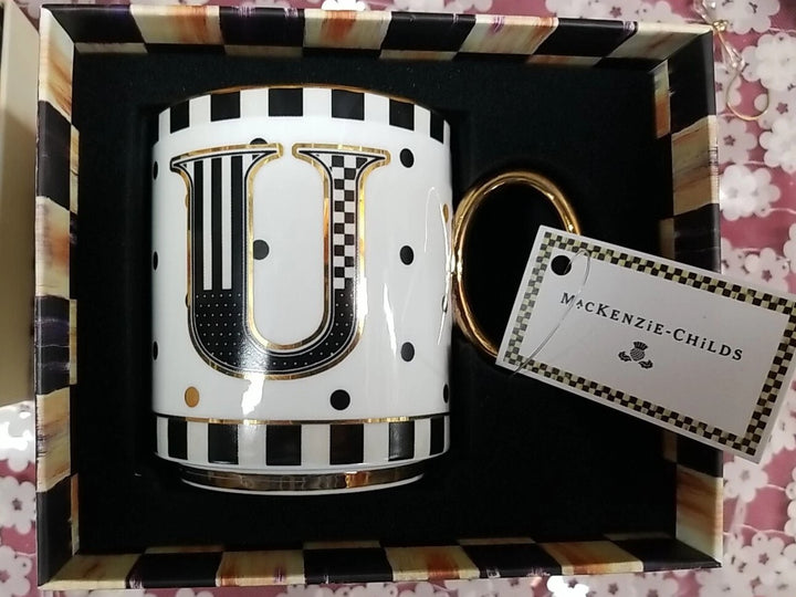MacKenzie Childs My Mug Initial U Coffee Cup White, Black & Gold NIB
