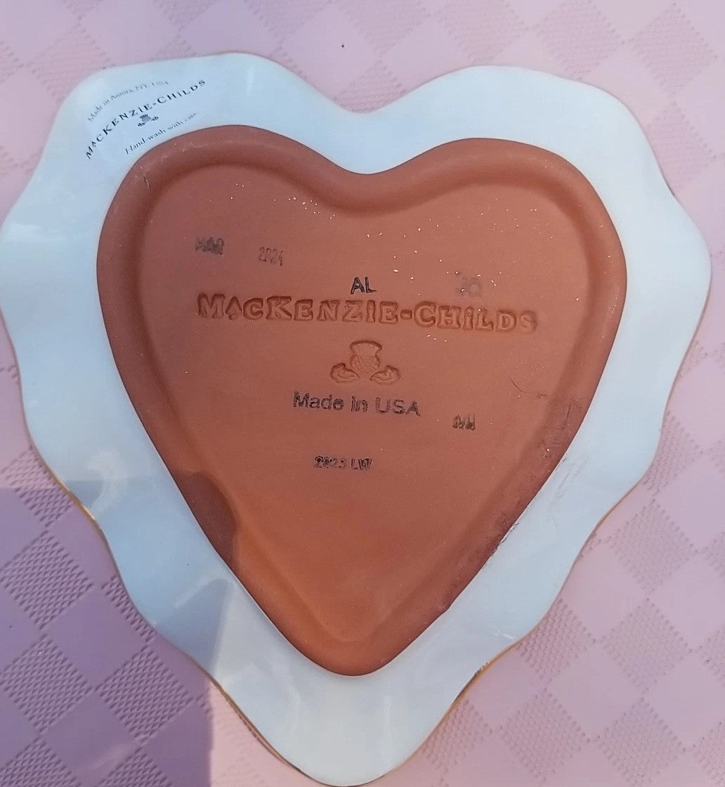 New Mackenzie Childs Plum Purple Check Fluted Ceramic Heart Plate- Gold Trim