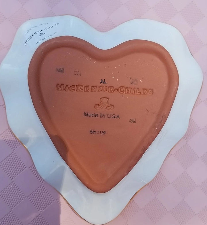 New Mackenzie Childs Plum Purple Check Fluted Ceramic Heart Plate- Gold Trim