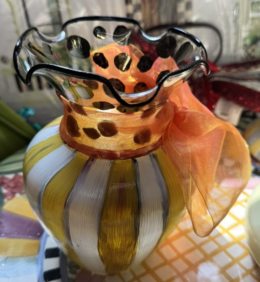 Mackenzie-Childs Heirloom Circus Fluted Glass Flower Vase 5.9"- Retired