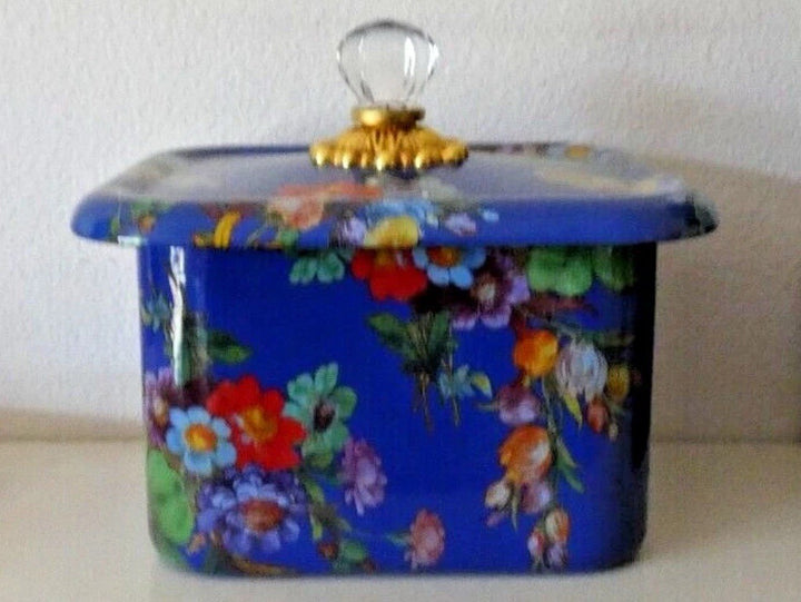 MACKENZIE CHILDS ENAMEL LAPIS BLUE -FLOWER MARKET,RECIPE BOX,CARDS+DIVIDERS,NEW
