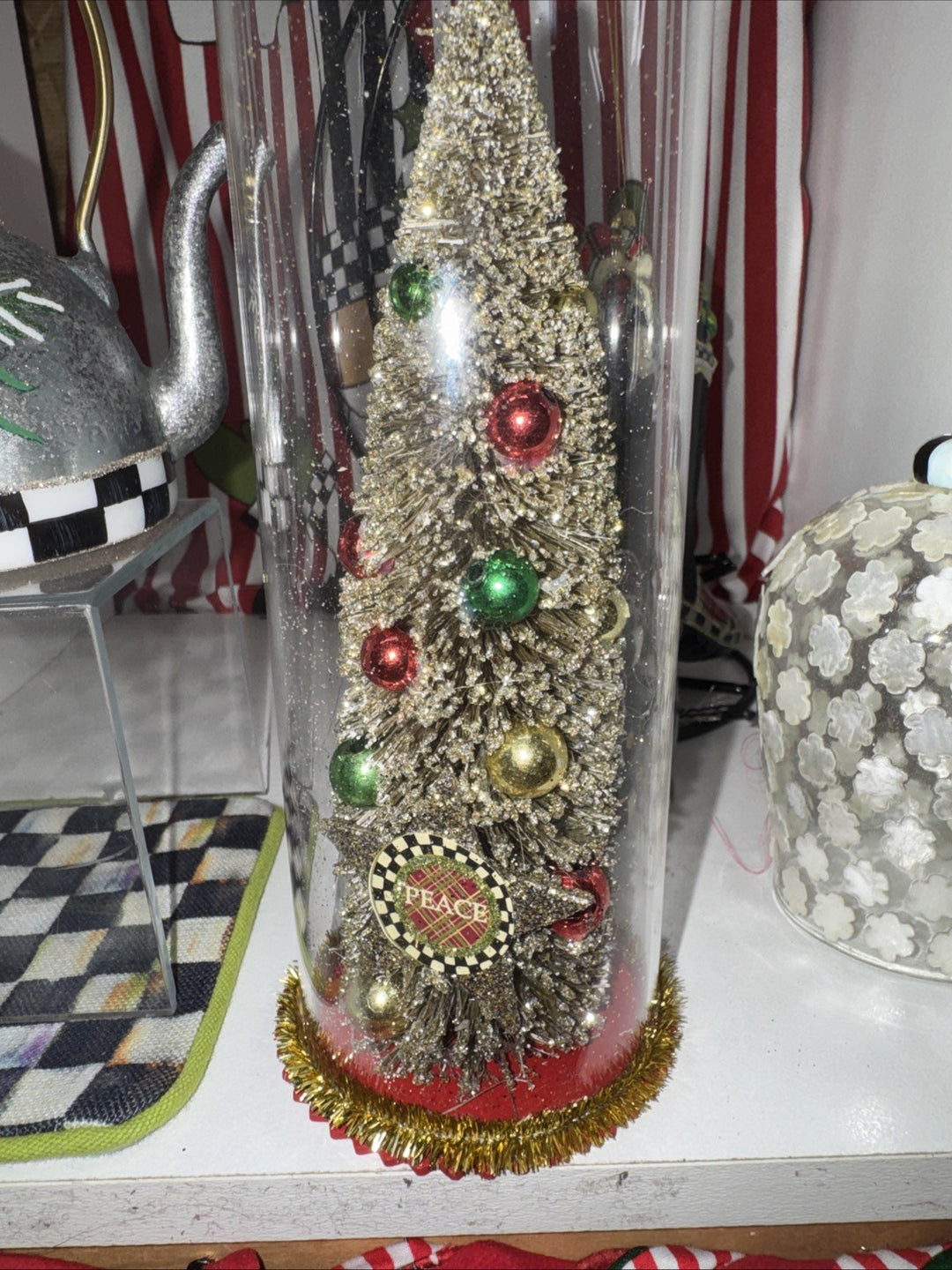 Retired Mackenzie Childs Courtly Check Peace Cloche Christmas OrnamentNew In Box