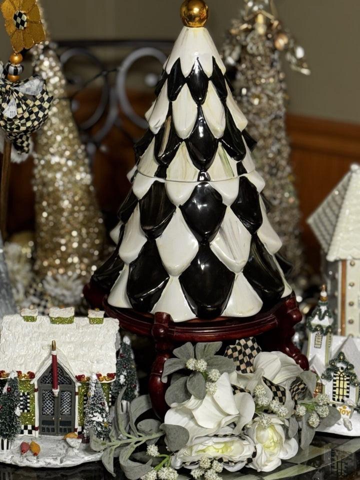 MacKenzie Childs Courtly Check Tannenbaum Cookie Jar  17” Tall Tree Ceramic
