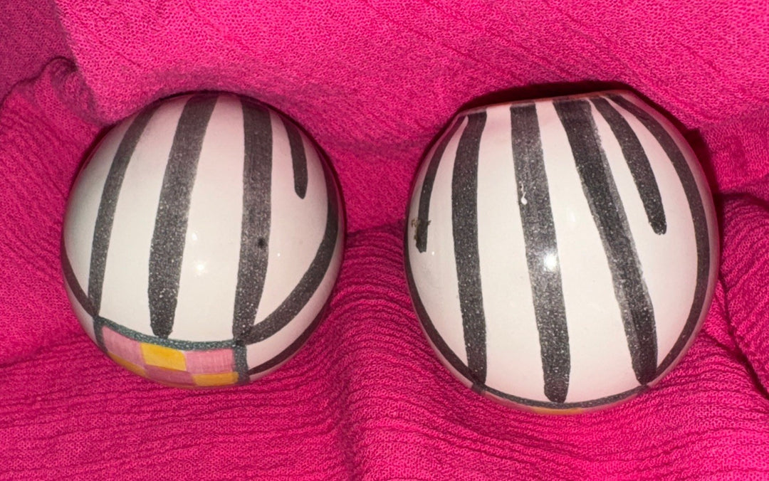 Mackenzie Childs Set Of 2 Pink And Yellow Check Cabinet Knobs / Pulls Retired