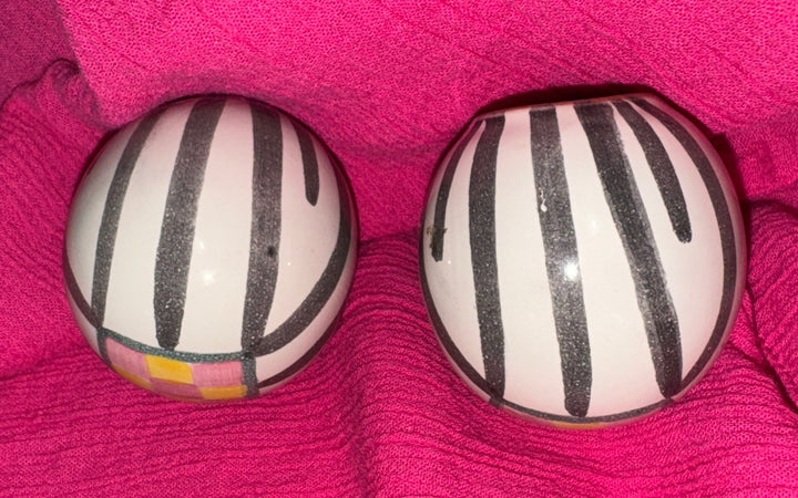 Mackenzie Childs Set Of 2 Pink And Yellow Check Cabinet Knobs / Pulls Retired