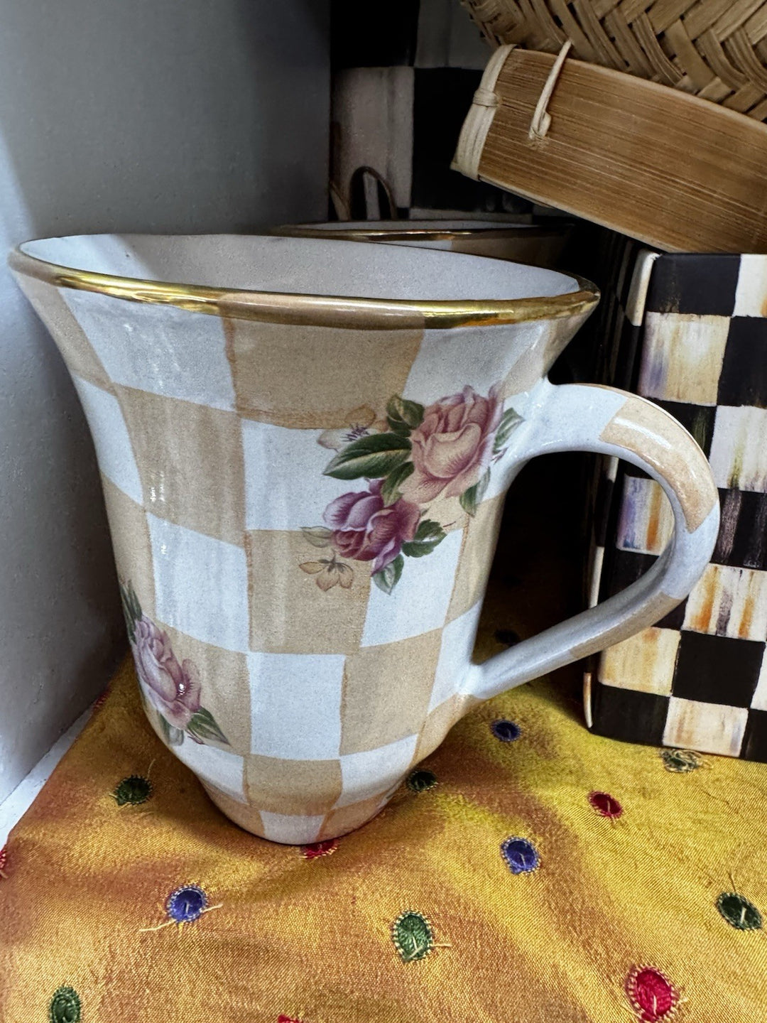 MacKenzie Childs Honeymoon Orange Marmalade MUG (Orange Check/Pink Roses)