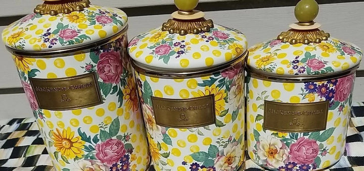 MacKenzie Childs Buttercup Canisters Set of 3, Retired Pattern, Lidded. S M L