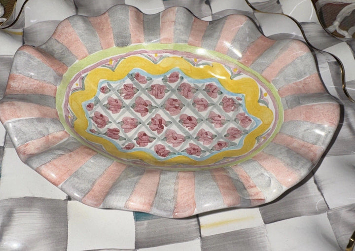MacKenzie Childs Taylor Cabbage Rose Fluted Ceramic Soap Dish Hand Painted 6.25"