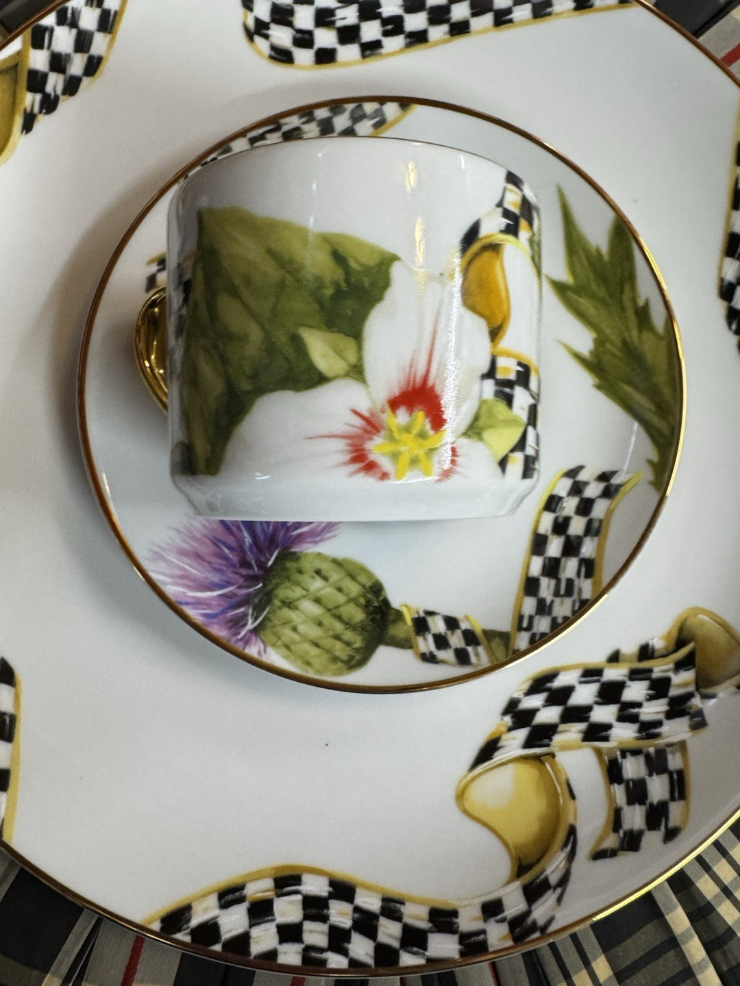 MacKenzie-Childs Thistle & Bee Flat Cup and Saucer Set - Pristine