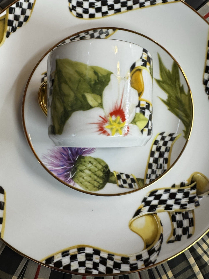 MacKenzie-Childs Thistle & Bee Flat Cup and Saucer Set - Pristine