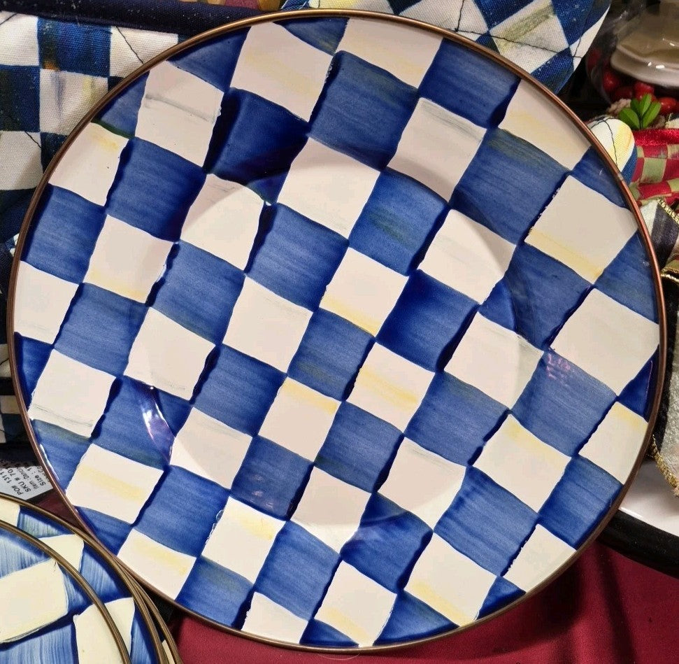 Mackenzie Childs Set Of 2 -10" Royal  Check Blue Enamel Dinner Plate-new