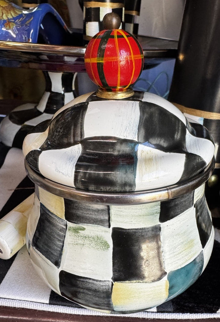 MacKenzie Childs Courtly Check Sugar Bowl with Lid Enamel Vintage