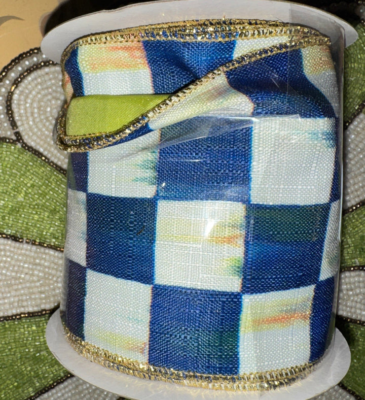 MacKenzie Childs Royal Check 4" Wide Wired Gold Edge Ribbon Lime Backing - Roll