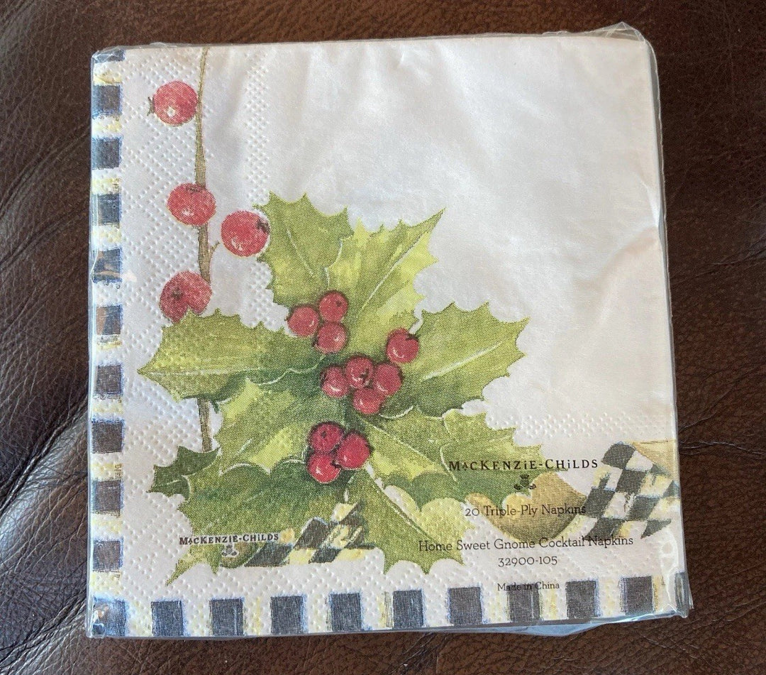 New Mackenzie Childs Home Sweet Gnome Cocktail Napkins. 5.5” Square Pack Of 20