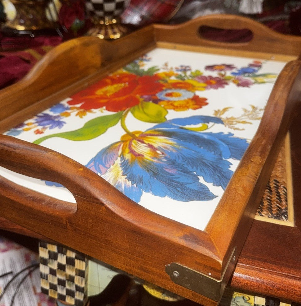 Mackenzie Childs White Flower Market Enamel Acacia Wood Large Serving Tray
