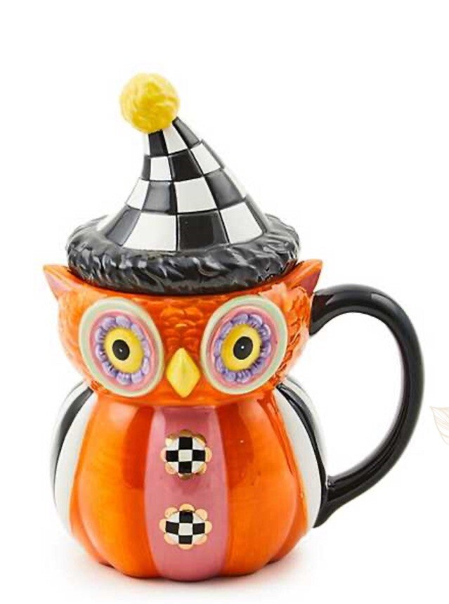 MACKENZIE CHILDS Trick Or Treat  Owl Lidded Mug New