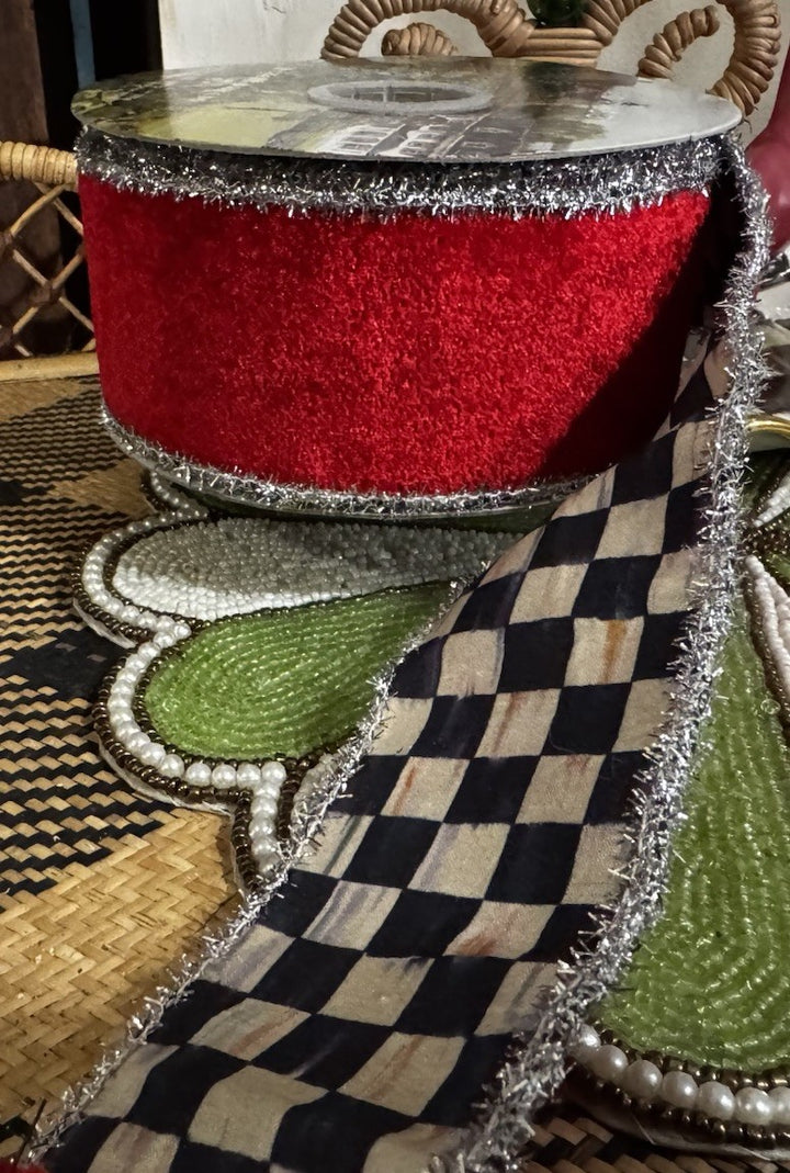 Mackenzie Childs Granny Kitsch 2.5” Wire Red Velvet Courtly Check RIBBON 10YD
