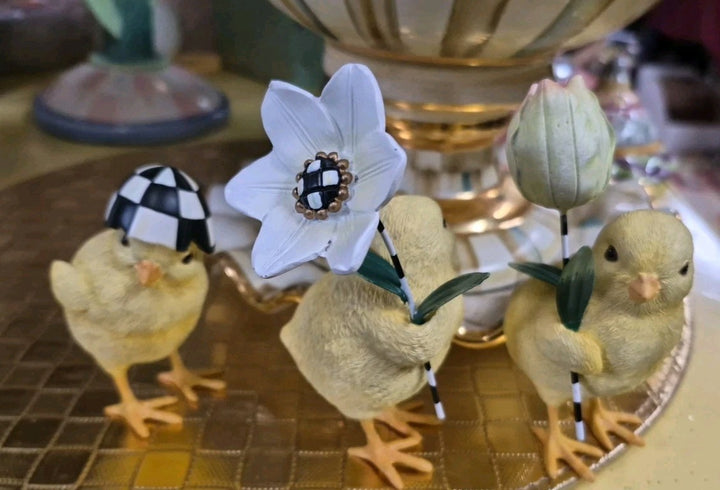 Mackenzie Childs Rose Garden Chicks With Flowers Courtly Check Set of 3- Nib