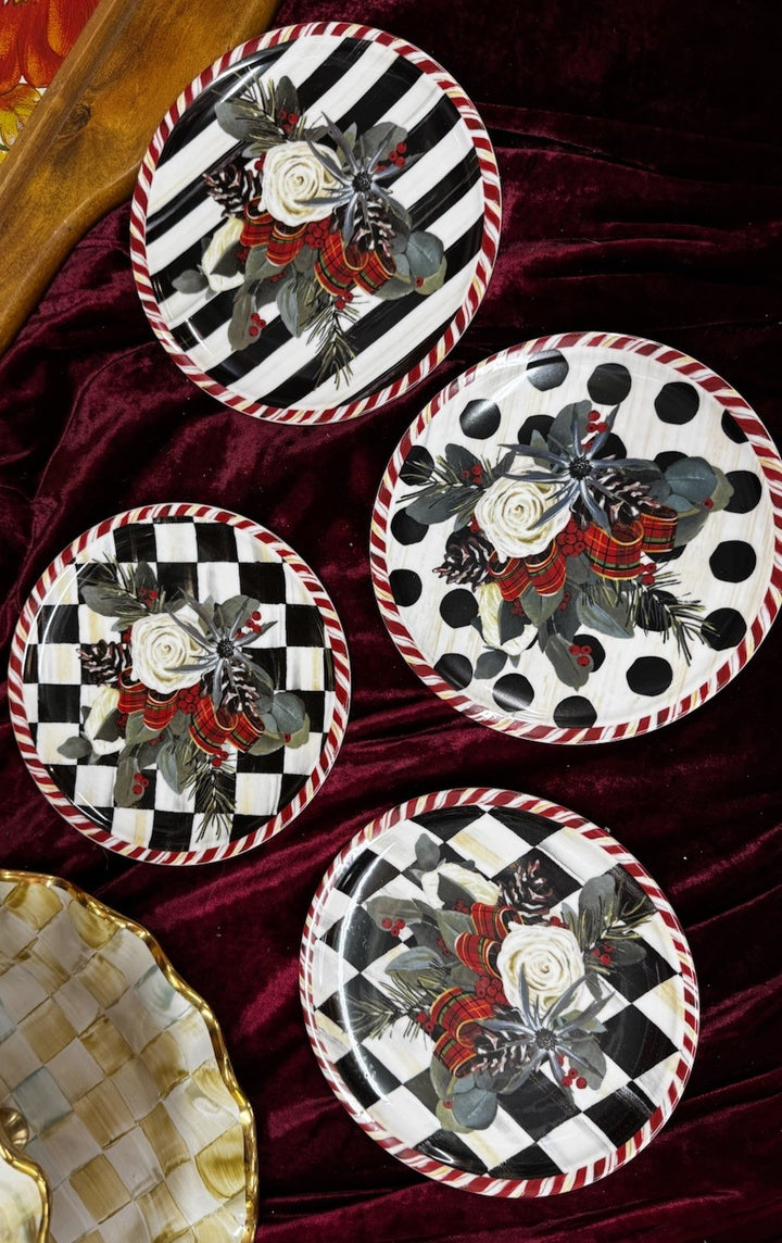 MacKenzie Childs Scottish Bouquet Set of 4 Ceramic Plates 7" Christmas NEW