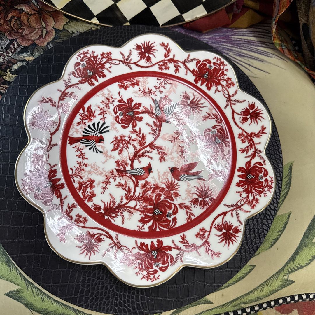 New MacKenzie Childs Cardinal Toile 12" Charger Plate petal W/ Gold Trim Retired