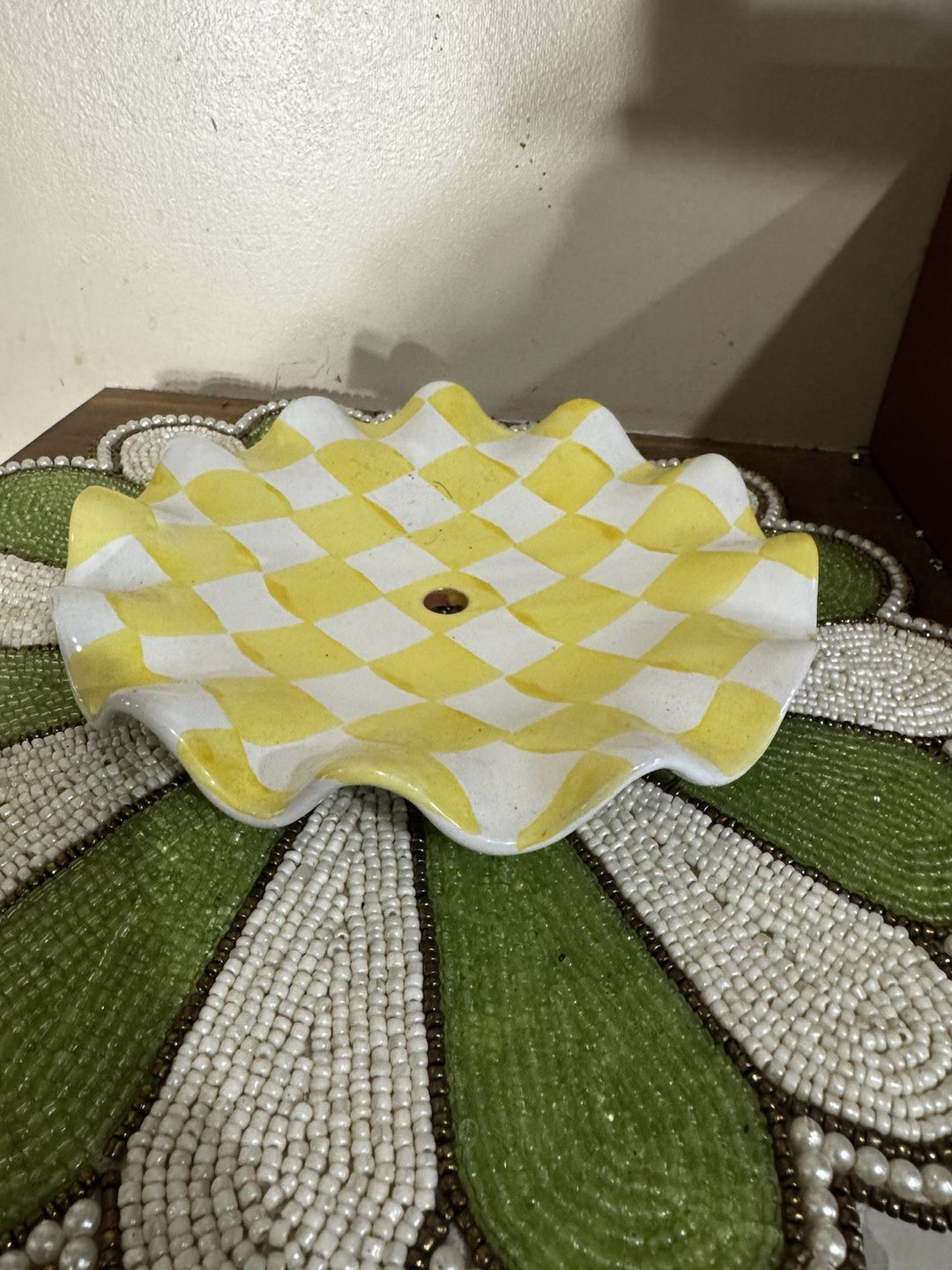 Mackenzie Childs Yellow Check Ceramic 7”Plate Fluted With Hole