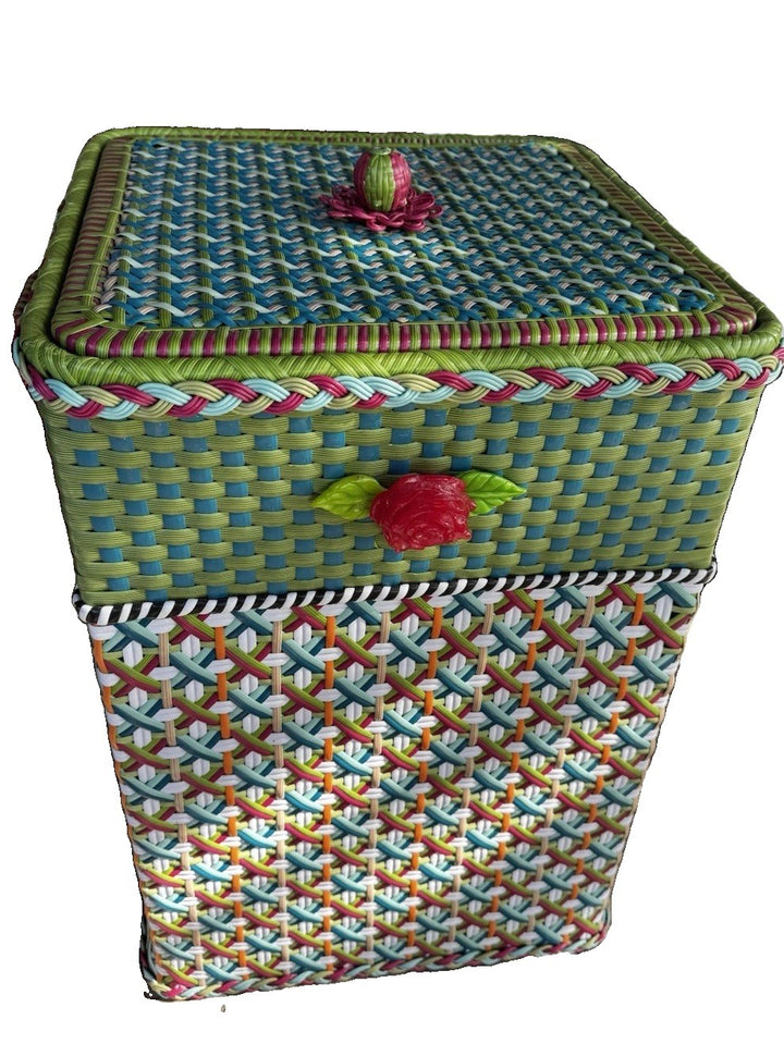 Mackenzie Childs Hamper Lidded Bin Greenhouse Resin Wicker Rose Retired