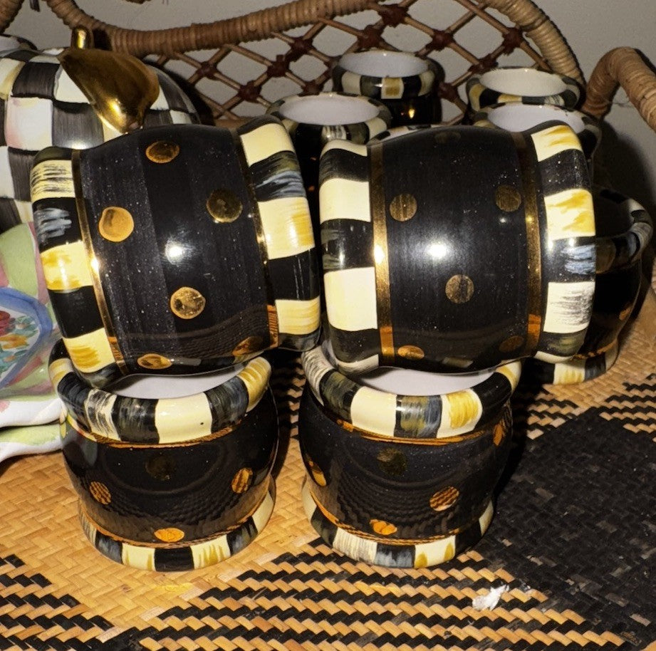 Lot of 4 Mackenzie Childs Napkin Rings Ceramic Black Tie Courtly Stripe