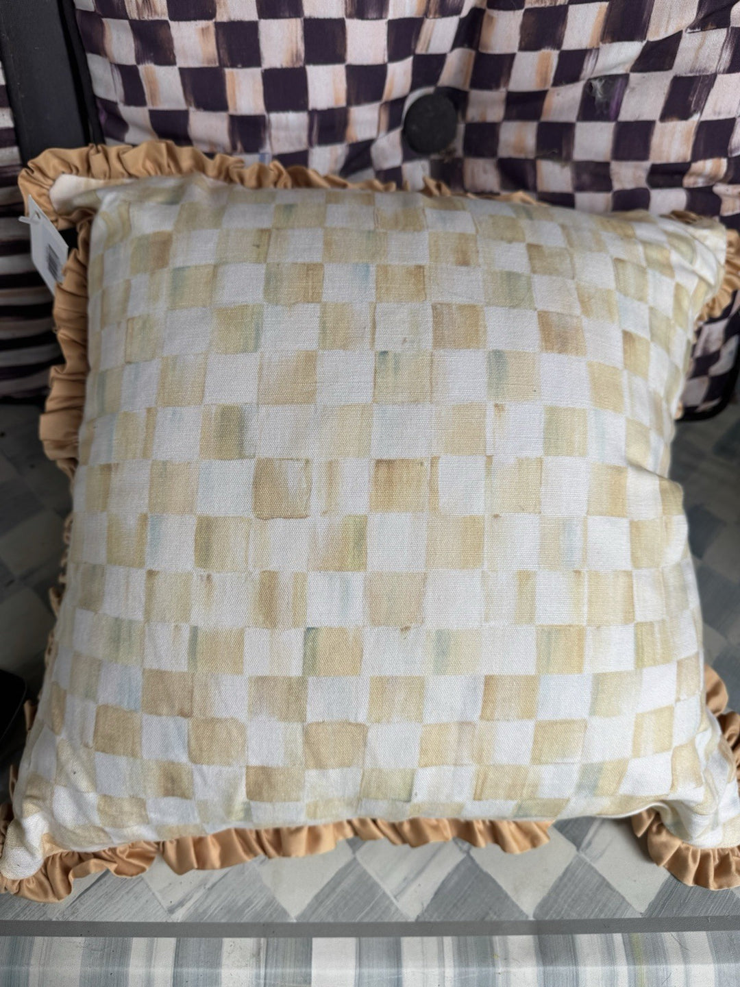 Mackenzie Childs Parchment Check & Parchment Stripe Down Pillow- Retired