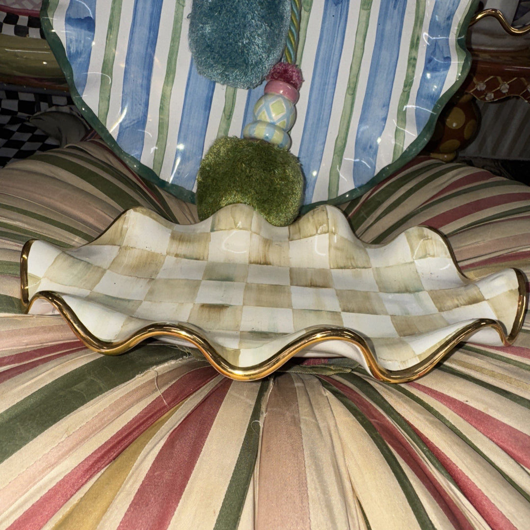 Mackenzie Childs Ceramic Parchment Check Fluted Oval Platter 6” X 9”