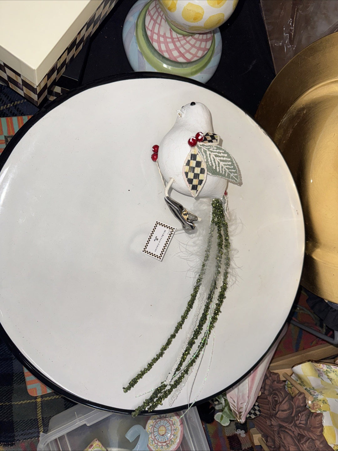 MACKENZIE CHILDS Courtly Check Bird  Clip  6” Tail 16” " Long- New Open Box