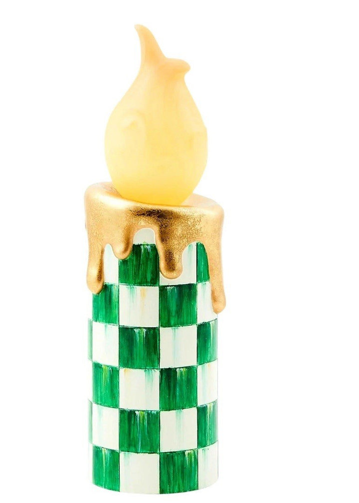 Mackenzie Childs Cozy Christmas Illuminated Green Check Melting Candle NEW