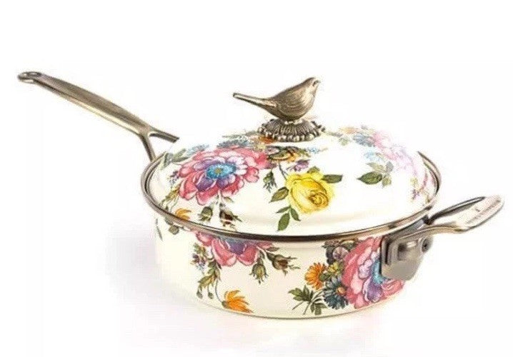 MACKENZIE CHILDS  WHITE FLOWER MARKET 3 Quart Sautée PAN- With Bird Finial New