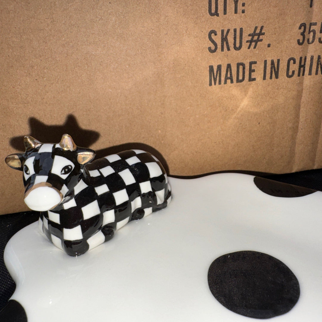 Mackenzie Childs courtly check COW CREAMERY ceramic tray 14.5"L 5.25"W NEW N BOX