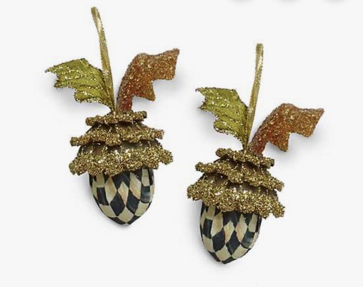 MacKENZIE CHILDS Courtly Check WOODLAND ACORN Ornaments Set 2  BNIB Retired