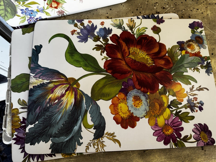 Set 4 Mackenzie Childs White Flower Market Placemats Cork Backed Set Excellent