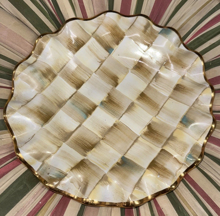 9” Mackenzie Childs   PARCHMENT CHECK CERAMIC FLUTED Gold Trim DESSERT PLATE- 1