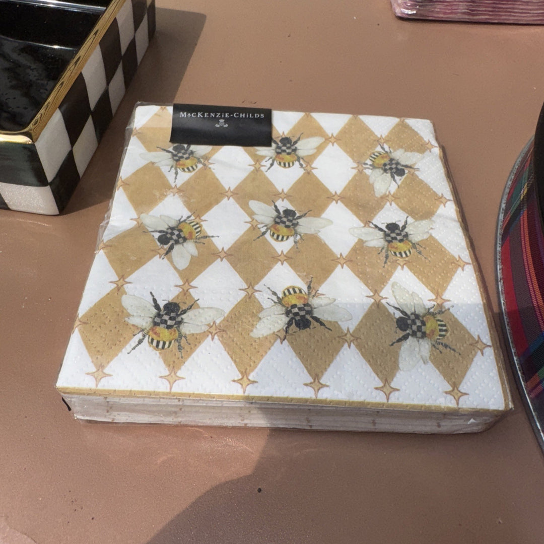 Mackenzie Childs Mocha Bee Harlequin Paper Cocktail Napkins 20 pack, NEW Retired