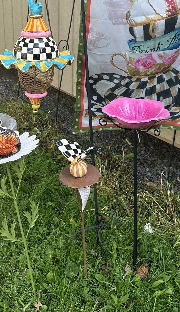MACKENZIE CHILDs Avant Garden PINK Bird Bath Stake Chic Garden Decor New