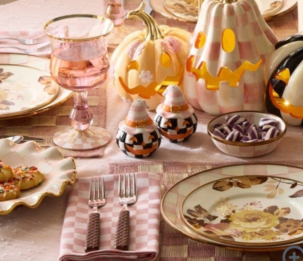 Mackenzie Childs Trick Or Treat Happy Jack Rosy Salt and Pepper Set  New In Box