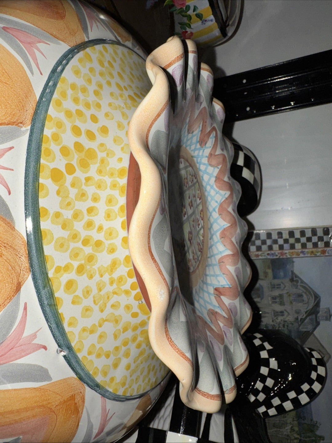 Mackenzie Childs Ceramic Taylor Heather  Check Fluted 9” Handmade Vintage
