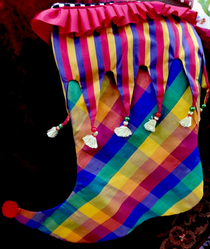 MacKenzie Childs Jester Christmas Stocking SILK GREEN TASSELS RED YELLOW GREEN